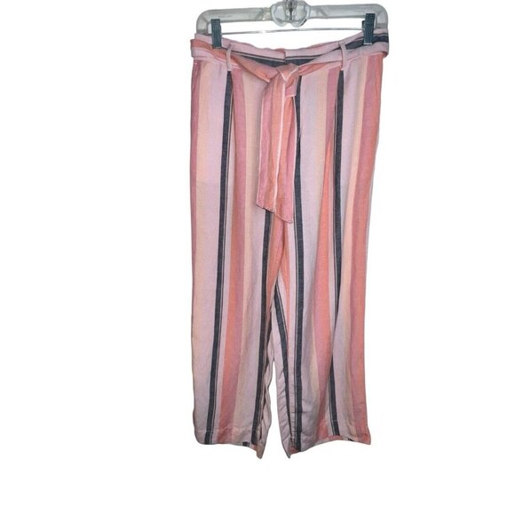 LOFT Linen‎ Blend Striped Tie Waist Wide Leg Cropped Trousers Pants Small Petite - Picture 1 of 12